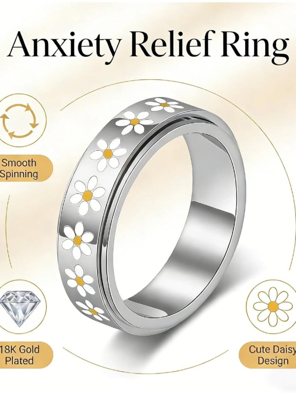 Daisy Fidget Ring for Anxiety Relief - 18K Gold Plated Stainless Steel Spinner B - Picture 2 of 7